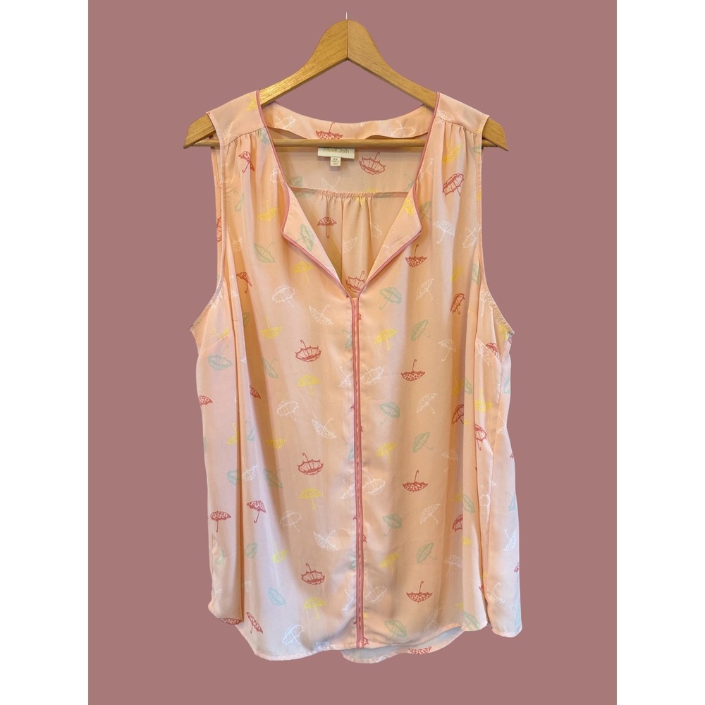 ModCloth Peach Umbrella Print Sleeveless V-Neck Summer Lt Wt Blouse Plus Size 2X